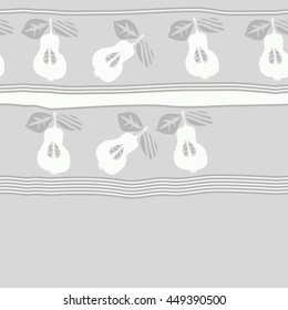 Seamless horizontal  pattern of fruits, doodles,  object, pears, leaves, grains, hole,stripes, spot, copy space. Hand drawn.