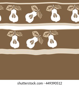 Seamless horizontal  pattern of fruits, doodles,  object, pears, leaves, grains, hole,stripes, spot, copy space. Hand drawn.