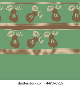 Seamless horizontal  pattern of fruits, doodles,  object, pears, leaves, grains, hole,stripes, spot, copy space. Hand drawn.