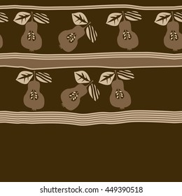 Seamless horizontal  pattern of fruits, doodles,  object, pears, leaves, grains, hole,stripes, spot, copy space. Hand drawn.