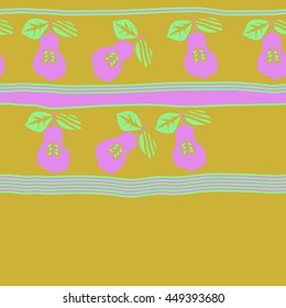 Seamless horizontal  pattern of fruits, doodles,  object, pears, leaves, grains, hole,stripes, spot, copy space. Hand drawn.