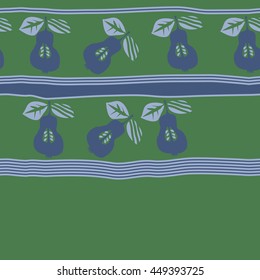 Seamless horizontal  pattern of fruits, doodles,  object, pears, leaves, grains, hole,stripes, spot, copy space. Hand drawn.