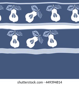 Seamless horizontal  pattern of fruits, doodles,  object, pears, leaves, grains, hole,stripes, spot, copy space. Hand drawn.