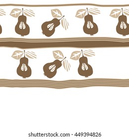 Seamless horizontal  pattern of fruits, doodles,  object, pears, leaves, grains, hole,stripes, spot, copy space. Hand drawn.