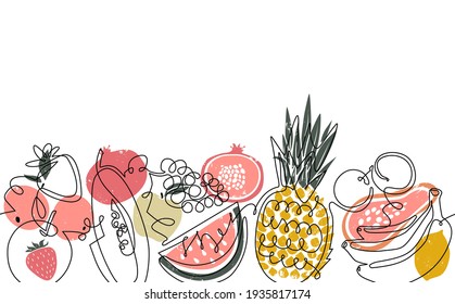 Patrón horizontal sin inconvenientes con frutas. Pancarta de verano aislada en fondo blanco. Estilo de un solo arte. Afiche con comida orgánica. 