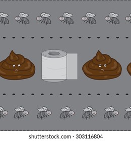 Seamless horizontal pattern with a funny company of poop, toilet paper and flies on grey background