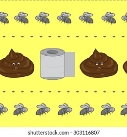 Seamless horizontal pattern with a funny company of poop, toilet paper and flies on yellow background