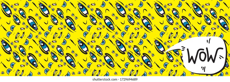 Seamless horizontal pattern. Funny emoji face with ductile facial expressions. With place for text in a bubble. Funny doodle. Vector templates for typography or banner or web design.