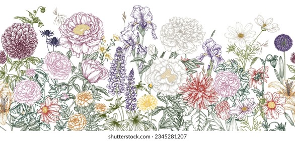 Seamless horizontal pattern garden autumn and summer flowers.  Rose, lily, lupine, tulip, peony, irises, dahlia, cosmos, zinnia, marigold, calendula, rudbeckia, gladiolus, datura, eryngium, allium