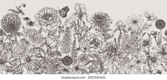 Seamless horizontal pattern garden autumn and summer flowers. Rose, lily, lupine, tulip, peony, irises, dahlia, cosmos, zinnia, marigold, calendula, rudbeckia, gladiolus, datura, eryngium, allium