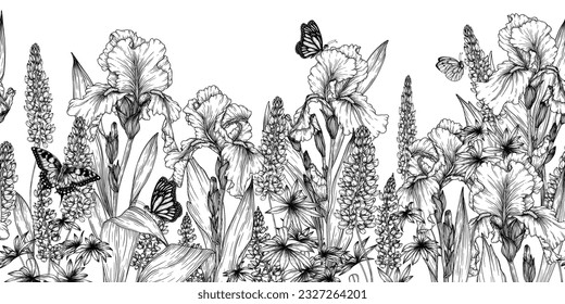 Seamless horizontal pattern garden lupine and iris with butterflies in engraving style