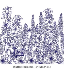 Seamless horizontal pattern garden lupine and platycodon campanula with butterflies in engraving style	
