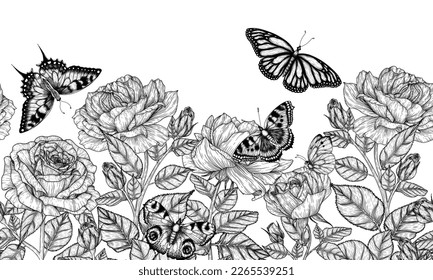 Seamless horizontal pattern garden roses and butterflies in engraving style