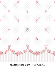 Seamless horizontal pattern with garlands of roses and polka dot rhombus vintage background. Vector floral border.