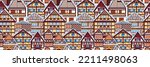 Seamless horizontal pattern with German houses in half-timbered style. Background with winter old houses in the snow. illustration in a flat style for packaging, wallpaper  for Christmas and New Year.