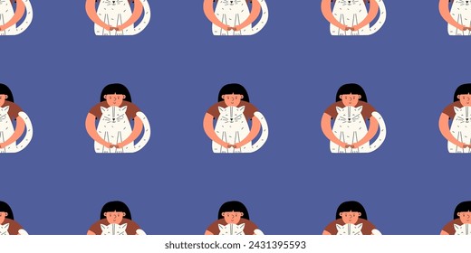 Seamless horizontal pattern with girl and cat. Child hugs pet. Vector illustration. 