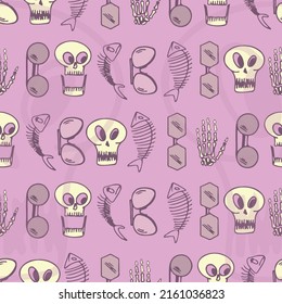 seamless horizontal pattern of glasses, skull, hand, leg and fish bones on dark blue background. Vector Happy Halloween greeting card and trick or treat.