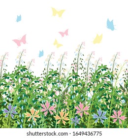 a seamless horizontal pattern of grass and wildflowers forms a blooming meadow with fluttering butterflies. summer pattern with lots of details for textile and paper decoration. vector illustration. 