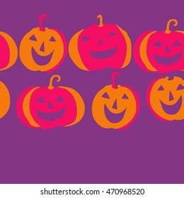 Seamless  horizontal pattern of  Halloween, doodles,  object, pumpkin, smile, copy space. Hand drawn.