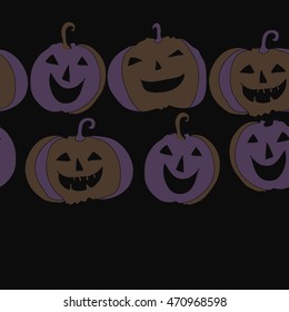 Seamless  horizontal pattern of  Halloween, doodles,  object, pumpkin, smile, copy space. Hand drawn.