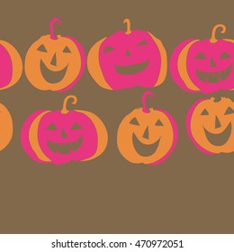 Seamless  horizontal pattern of  Halloween, doodles,  object, pumpkin, smile, copy space. Hand drawn.