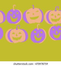 Seamless  horizontal pattern of  Halloween, doodles,  object, pumpkin, smile, copy space. Hand drawn.