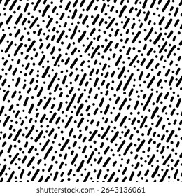Padrão horizontal contínuo de traços e pontos de tinta preta desenhados à mão sobre fundo branco. Textura rabisco com escotilha irregular e efeito de traçado da caneta. Arraste até o painel Amostras para usar