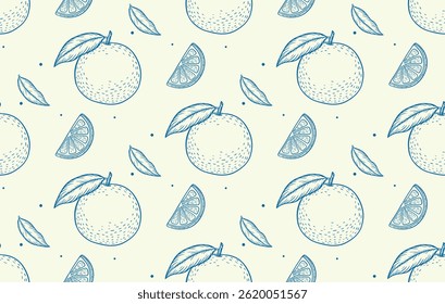 Seamless horizontal pattern with hand-drawn citrus orange engraving. This vintage-style vector repeat is perfect for summer decorations, fruit-themed packaging, kitchen designs