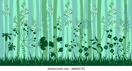 Seamless horizontal pattern with herbs and trees. Endless pattern brush with stylized forest