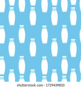 Seamless horizontal pattern with the image of milk bottles on a blue background. For the packaging of dairy products, information products for the celebration of world milk day. Vector graphics.