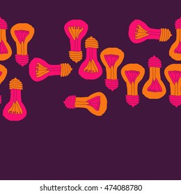 Seamless  horizontal pattern with  incandescent lamps , doodles,  thread, spot,  hole, copy space. Hand drawn.