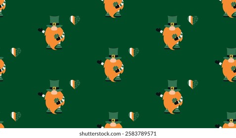 Seamless horizontal pattern with leprechaun, clover and a heart in the form of an Irish flag. Vector St. Patrick's Day repeat pattern for decoration and print. Holiday repetition pattern