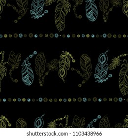 Seamless horizontal pattern with lines with beads and feathers in vector graphic in tribal style 