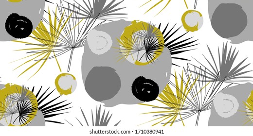 seamless horizontal pattern with Liviston palm leaves in circles drawn by hand in a scribble style in gray, black and gold on a white background