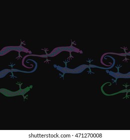 Seamless horizontal  pattern with lizards, reptile, zigzag, object, ellipses, copy space . Hand drawn.