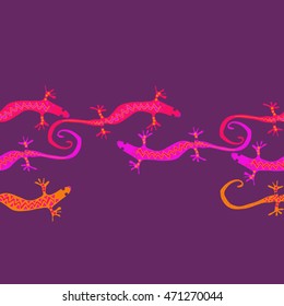 Seamless horizontal  pattern with lizards, reptile, zigzag, object, ellipses, copy space . Hand drawn.