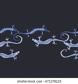 Seamless horizontal  pattern with lizards, reptile, zigzag, object, ellipses, copy space . Hand drawn.