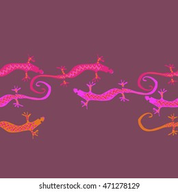 Seamless horizontal  pattern with lizards, reptile, zigzag, object, ellipses, copy space . Hand drawn.