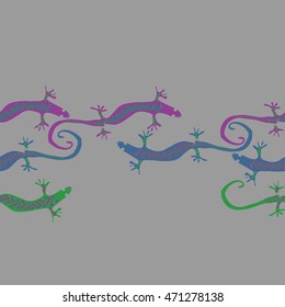 Seamless horizontal  pattern with lizards, reptile, zigzag, object, ellipses, copy space . Hand drawn.