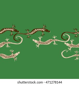 Seamless horizontal  pattern with lizards, reptile, zigzag, object, ellipses, copy space . Hand drawn.