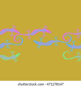 Seamless horizontal  pattern with lizards, reptile, zigzag, object, ellipses, copy space . Hand drawn.