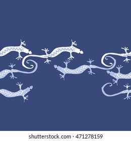 Seamless horizontal  pattern with lizards, reptile, zigzag, object, ellipses, copy space . Hand drawn.