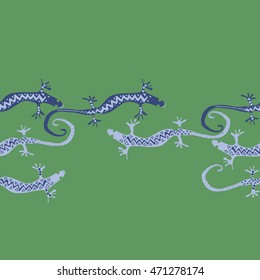 Seamless horizontal  pattern with lizards, reptile, zigzag, object, ellipses, copy space . Hand drawn.