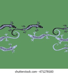 Seamless horizontal  pattern with lizards, reptile, zigzag, object, ellipses, copy space . Hand drawn.