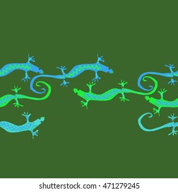 Seamless horizontal  pattern with lizards, reptile, zigzag, object, ellipses, copy space . Hand drawn.