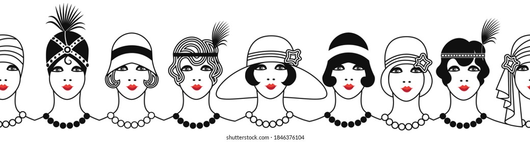 seamless horizontal pattern is made up girls in the retro style the silent movie era  linear black   white pattern and red accent the lips  stock vector illustration  EPS 10 