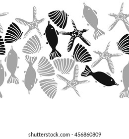 Seamless  horizontal   pattern of  marine inhibitions , doodles, starfishes, spot, hole,  fishes, shells, object, copy space. Hand drawn.