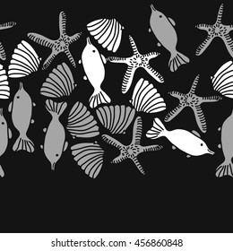 Seamless  horizontal   pattern of  marine inhibitions , doodles, starfishes, spot, hole,  fishes, shells, object, copy space. Hand drawn.