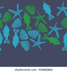 Seamless  horizontal   pattern of  marine inhibitions , doodles, starfishes, spot, hole,  fishes, shells, object, copy space. Hand drawn.
