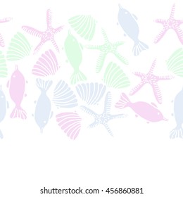 Seamless  horizontal   pattern of  marine inhibitions , doodles, starfishes, spot, hole,  fishes, shells, object, copy space. Hand drawn.
